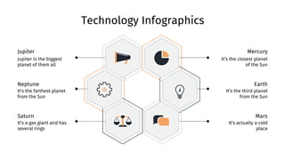 Technology Infographics
Jupiter
Jupiter is the biggest
planet of them all
Neptune
It’s the farthest planet
from the Sun
Saturn
It’s a gas giant and has
several rings
Mercury
It’s the closest planet
of the Sun
Earth
It’s the third planet
from the Sun
Mars
It’s actually a cold
place
 