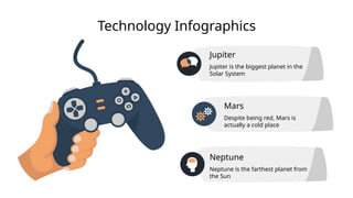 Technology Infographics
Jupiter
Jupiter is the biggest planet in the
Solar System
Mars
Despite being red, Mars is
actually a cold place
Neptune
Neptune is the farthest planet from
the Sun
 