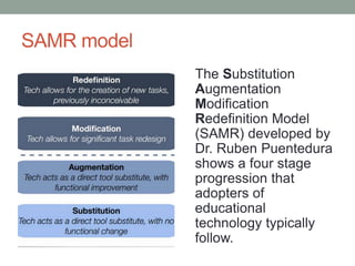 TPACK (Technological, Pedagogical and 
Content Knowledge) model 
• TPACK is a model that combines 
three knowledge areas: 
– technological knowledge 
– content knowledge 
– pedagogical knowledge. 
• TPACK looks at how the trio 
work together to increase 
students’ motivation and make 
the content more accessible. 
 
