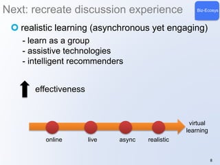 Next: recreate discussion experience Biz-Ecosys 
realistic learning (asynchronous yet engaging) 
- learn as a group 
- assistive technologies 
- intelligent recommenders 
8 
online 
virtual 
learning 
live async realistic 
effectiveness 
 