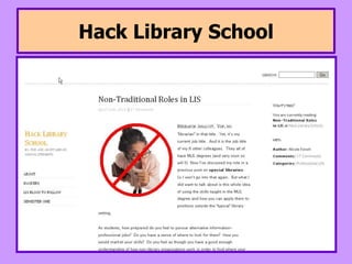 information for staff10 Librarian Blogs to Read in 2011LISNews18 Feb 2011All These Birds With Teeth http://birdswithteeth.wordpress.com/Forgotten Bookmarks http://www.forgottenbookmarks.com/Hack Library School http://hacklibschool.wordpress.com/InkDroidhttp://inkdroid.org/journal/The LSW Friendfeed Room http://friendfeed.com/lswMusings about librarianship http://musingsaboutlibrarianship.blogspot.com/Pegasus Librarian http://pegasuslibrarian.com/SearchReSearchhttp://searchresearch1.blogspot.com/Screwy Decimal http://www.screwydecimal.com/The Undergraduate Science Librarian http://undergraduatesciencelibrarian.wordpress.com/