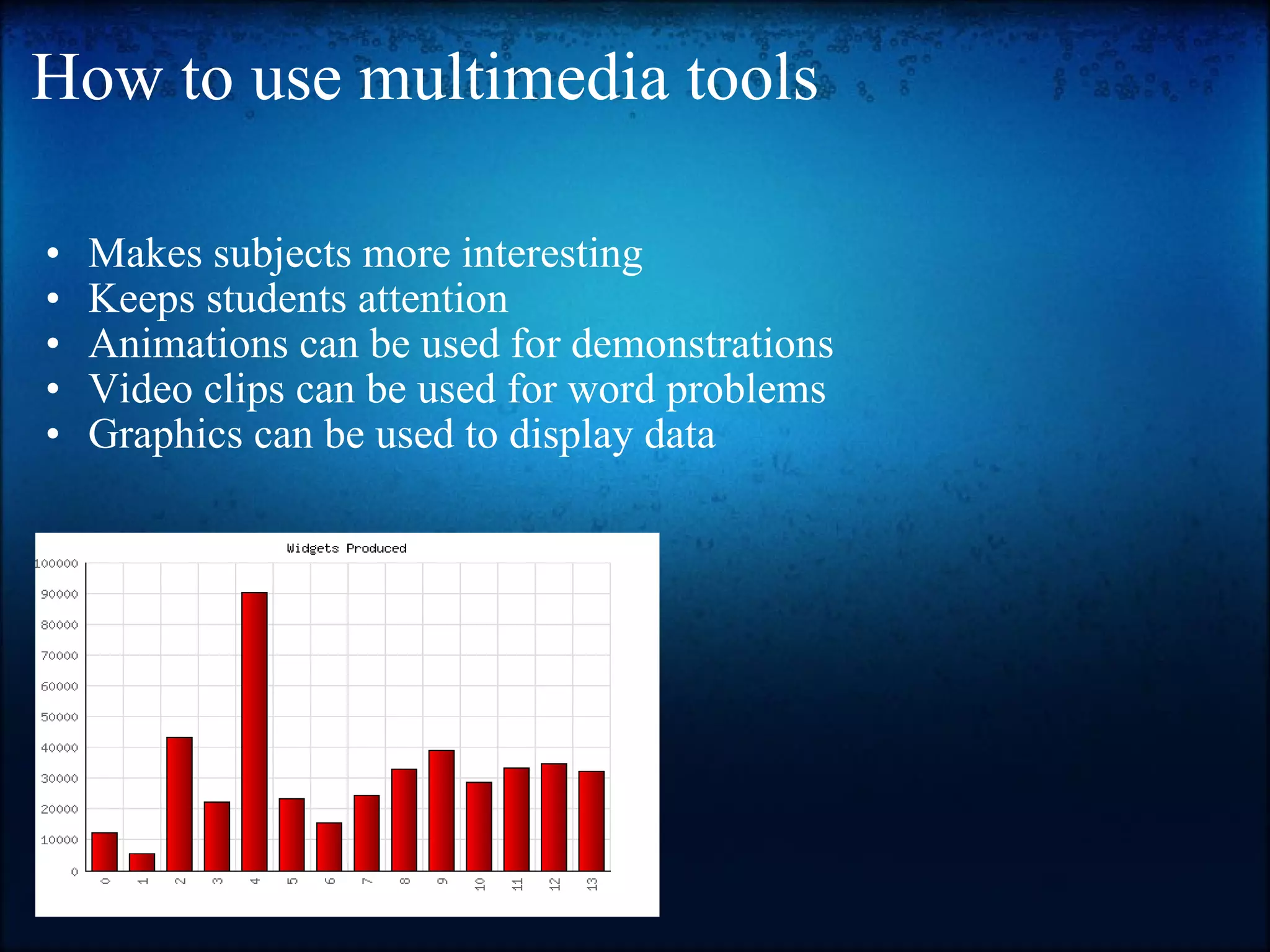 How to use multimedia tools  Makes subjects more interesting Keeps students attention Animations can be used for demonstrations Video clips can be used for word problems Graphics can be used to display data 