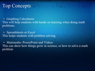 Top Concepts Graphing Calculators This will help students with hands on learning when doing math problems.  Spreadsheets or Excel This helps students with problem solving.  Mutimedia- PowerPoint and Videos This can show how things grow in science, or how to solve a math problem  