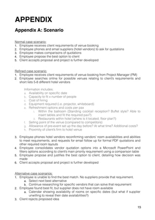 APPENDIX
15
Appendix A: Scenario
Normal case scenario:
1. Employee receives client requirements of venue booking
2. Employee phones and email suppliers (hotel vendors) to ask for quotations
3. Employee makes comparisons of quotations
4. Employee propose the best option to client
5. Client accepts proposal and project is further developed
Refined case scenario:
1. Employee receives client requirements of venue booking from Project Manager (PM)
2. Employee searches online for possible venues relating to client’s requirements and
short lists 5-8 different hotel vendors
Information includes:
a. Availability on specific date
b. Capacity to fit x number of people
c. Cost of hiring
d. Equipment required (i.e. projector, whiteboard)
e. Refreshment options and costs per pax
i. Within the ballroom (Standing cocktail reception? Buffet style? Able to
insert tables and fit the required pax?)
ii. Restaurants within hotel (where is it located, floor plan?)
f. Selling point of the venue (compared to competitors)
g. Allowance of pre-event set up the day before? At what time? Additional costs?
h. Proximity of client’s firm to hotel venue
3. Employee phones hotel vendors reconfirming vendors’ room availabilities and abilities
to meet requirements, and requests for email follow up for formal PDF quotations and
other required room layouts
4. Employee consolidates vendor quotation options into a Microsoft PowerPoint and
filters options according to client’s main priority requirement using a comparison table
5. Employee propose and justifies the best option to client, detailing how decision was
made
6. Client accepts proposal and project is further developed
Alternative case scenarios:
1. Employee is unable to find the best match. No suppliers provide that requirement.
a. Select next best alternative
b. Continue researching for specific vendors that can solve that requirement
2. Employee found best fit, but supplier does not have room available
a. Calendar showing availability of rooms on specific dates (but what if supplier
unwilling to reveal their date availabilities?)
3. Client rejects proposed idea
 