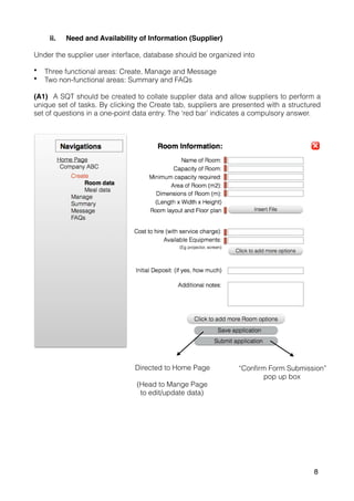 ii. Need and Availability of Information (Supplier)
Under the supplier user interface, database should be organized into
• Three functional areas: Create, Manage and Message
• Two non-functional areas: Summary and FAQs
(A1) A SQT should be created to collate supplier data and allow suppliers to perform a
unique set of tasks. By clicking the Create tab, suppliers are presented with a structured
set of questions in a one-point data entry. The ‘red bar’ indicates a compulsory answer.
Directed to Home Page
(Head to Mange Page
to edit/update data)
“Confirm Form Submission”
pop up box
8
 