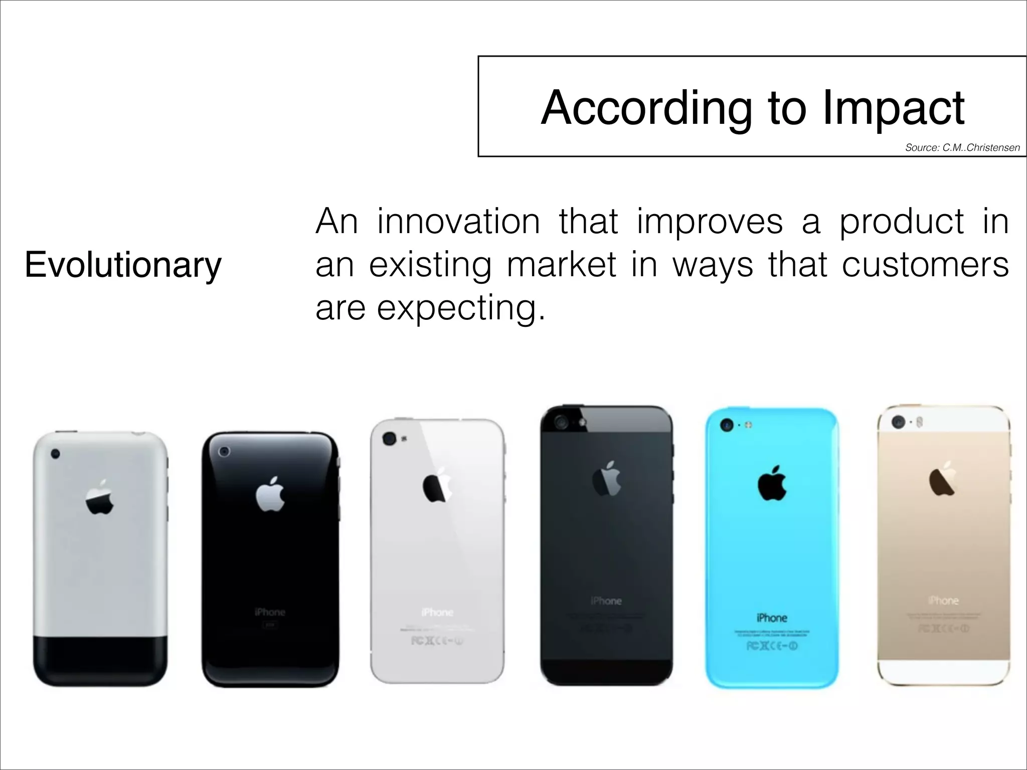 According to Impact 
Evolutionary 
Source: C.M..Christensen 
An innovation that improves a product in 
an existing market in ways that customers 
are expecting. 
 