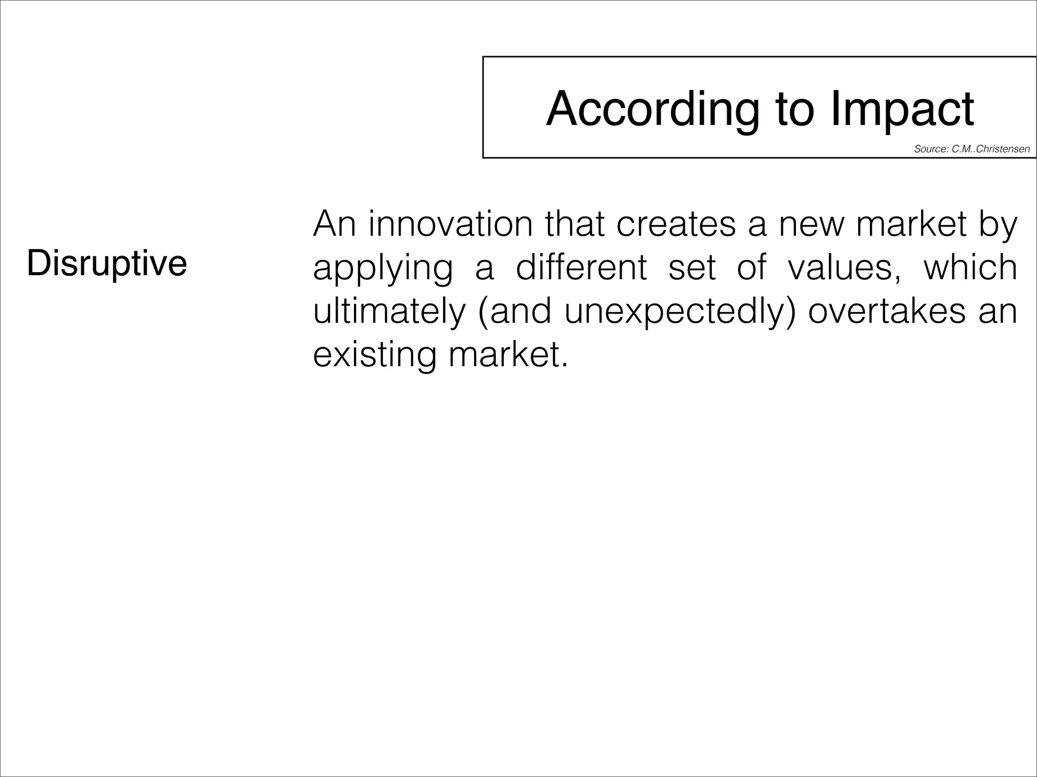 According to Impact 
Disruptive 
Source: C.M..Christensen 
An innovation that creates a new market by 
applying a different set of values, which 
ultimately (and unexpectedly) overtakes an 
existing market. 
 