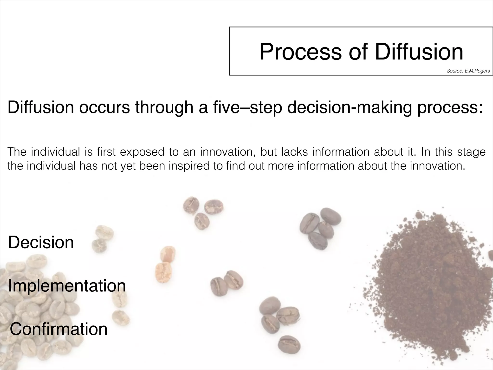Process of Diffusion 
Diffusion occurs through a five–step decision-making process: 
The individual is first exposed to an innovation, but lacks information about it. In this stage 
the individual has not yet been inspired to find out more information about the innovation. 
Decision 
Implementation 
Confirmation 
Source: E.M.Rogers 
 