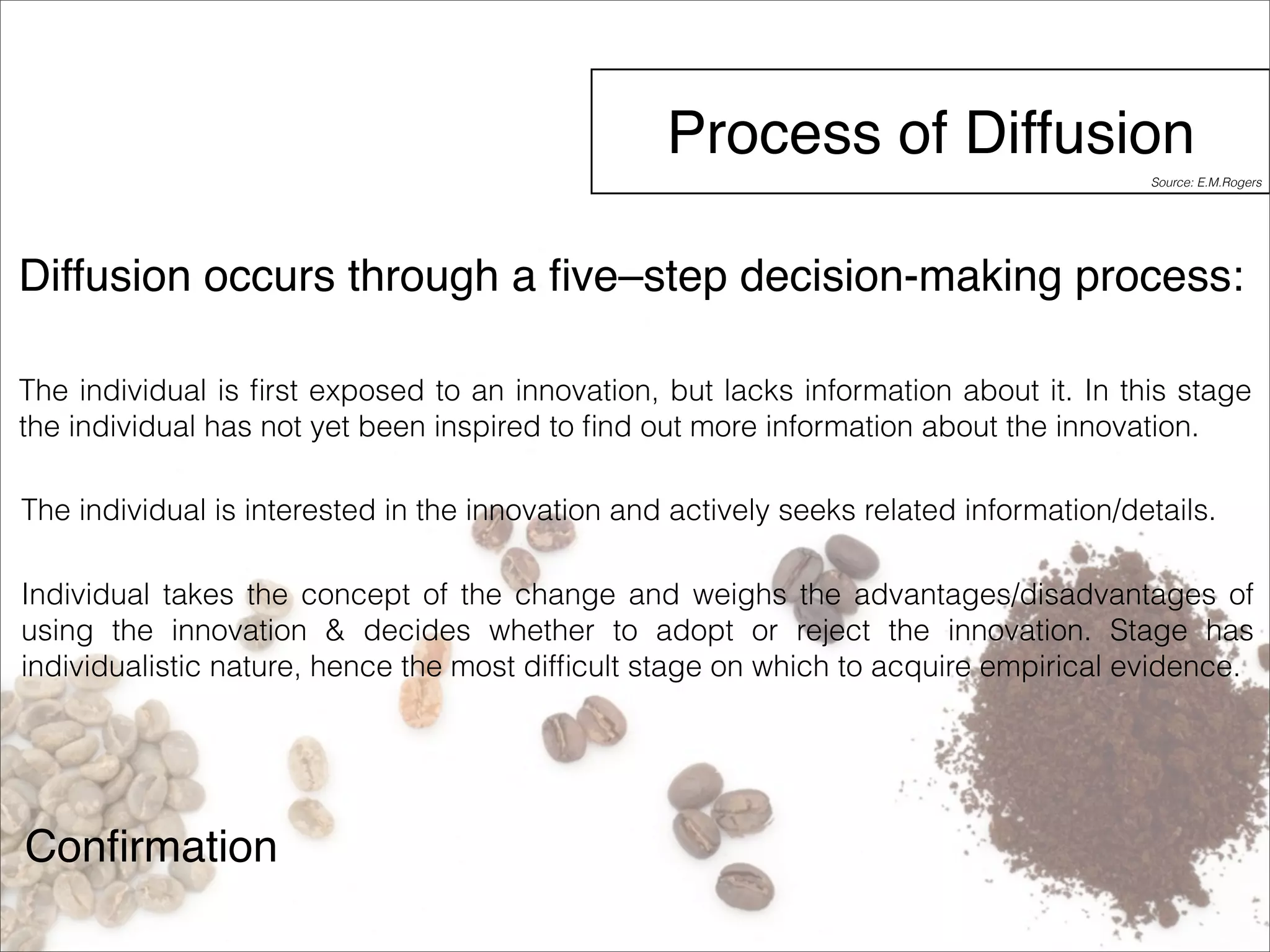 Process of Diffusion 
Diffusion occurs through a five–step decision-making process: 
The individual is first exposed to an innovation, but lacks information about it. In this stage 
the individual has not yet been inspired to find out more information about the innovation. 
The individual is interested in the innovation and actively seeks related information/details. 
Individual takes the concept of the change and weighs the advantages/disadvantages of 
using the innovation & decides whether to adopt or reject the innovation. Stage has 
individualistic nature, hence the most difficult stage on which to acquire empirical evidence. 
Confirmation 
Source: E.M.Rogers 
 