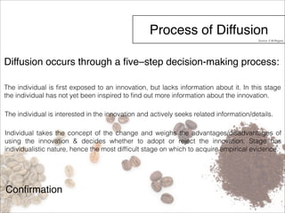 Process of Diffusion 
Diffusion occurs through a five–step decision-making process: 
The individual is first exposed to an innovation, but lacks information about it. In this stage 
the individual has not yet been inspired to find out more information about the innovation. 
The individual is interested in the innovation and actively seeks related information/details. 
Individual takes the concept of the change and weighs the advantages/disadvantages of 
using the innovation & decides whether to adopt or reject the innovation. Stage has 
individualistic nature, hence the most difficult stage on which to acquire empirical evidence. 
Confirmation 
Source: E.M.Rogers 
 