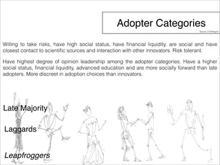 Adopter Categories 
Willing to take risks, have high social status, have financial liquidity, are social and have 
closest contact to scientific sources and interaction with other innovators. Risk tolerant. 
Have highest degree of opinion leadership among the adopter categories. Have a higher 
social status, financial liquidity, advanced education and are more socially forward than late 
adopters. More discreet in adoption choices than innovators. 
Late Majority 
Laggards 
Leapfroggers 
Source: E.M.Rogers 
 