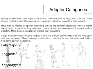 Adopter Categories 
Willing to take risks, have high social status, have financial liquidity, are social and have 
closest contact to scientific sources and interaction with other innovators. Risk tolerant. 
Have highest degree of opinion leadership among the adopter categories. Have a higher 
social status, financial liquidity, advanced education and are more socially forward than late 
adopters. More discreet in adoption choices than innovators. 
Adopt innovation after a varying degree of time that is significantly longer than the innovators 
and early adopters. Above average social status, contact with early adopters and seldom 
hold some opinion leadership. 
Late Majority 
Laggards 
Leapfroggers 
Source: E.M.Rogers 
 
