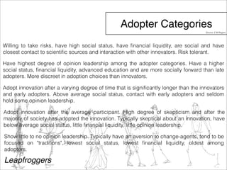 Adopter Categories 
Willing to take risks, have high social status, have financial liquidity, are social and have 
closest contact to scientific sources and interaction with other innovators. Risk tolerant. 
Have highest degree of opinion leadership among the adopter categories. Have a higher 
social status, financial liquidity, advanced education and are more socially forward than late 
adopters. More discreet in adoption choices than innovators. 
Adopt innovation after a varying degree of time that is significantly longer than the innovators 
and early adopters. Above average social status, contact with early adopters and seldom 
hold some opinion leadership. 
Adopt innovation after the average participant. High degree of skepticism and after the 
majority of society has adopted the innovation. Typically skeptical about an innovation, have 
below average social status, little financial liquidity, little opinion leadership. 
Show little to no opinion leadership. Typically have an aversion to change-agents, tend to be 
focused on "traditions", lowest social status, lowest financial liquidity, oldest among 
adopters. 
Leapfroggers 
Source: E.M.Rogers 
 