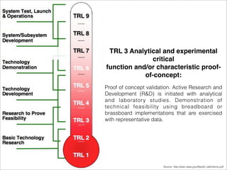 TRL 3 Analytical and experimental 
critical 
function and/or characteristic proof-of- 
concept: 
Proof of concept validation. Active Research and 
Development (R&D) is initiated with analytical 
and laboratory studies. Demonstration of 
technical feasibility using breadboard or 
brassboard implementations that are exercised 
with representative data. 
Source: http://esto.nasa.gov/files/trl_definitions.pdf 
 