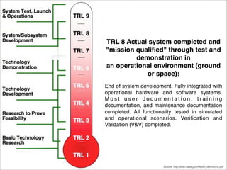 TRL 8 Actual system completed and 
"mission qualified" through test and 
demonstration in 
an operational environment (ground 
or space): 
End of system development. Fully integrated with 
operational hardware and software systems. 
M o s t u s e r d o c u m e n t a t i o n , t r a i n i n g 
documentation, and maintenance documentation 
completed. All functionality tested in simulated 
and operational scenarios. Verification and 
Validation (V&V) completed. 
Source: http://esto.nasa.gov/files/trl_definitions.pdf 
 