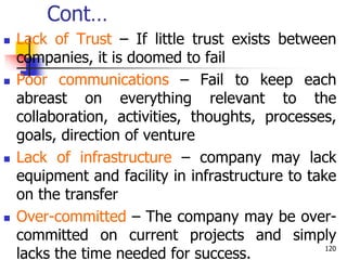 Cont…
 Lack of Trust – If little trust exists between
companies, it is doomed to fail
 Poor communications – Fail to keep each
abreast on everything relevant to the
collaboration, activities, thoughts, processes,
goals, direction of venture
 Lack of infrastructure – company may lack
equipment and facility in infrastructure to take
on the transfer
 Over-committed – The company may be over-
committed on current projects and simply
lacks the time needed for success. 120
 