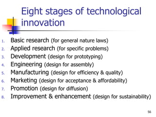 Eight stages of technological
innovation
1. Basic research (for general nature laws)
2. Applied research (for specific problems)
3. Development (design for prototyping)
4. Engineering (design for assembly)
5. Manufacturing (design for efficiency & quality)
6. Marketing (design for acceptance & affordability)
7. Promotion (design for diffusion)
8. Improvement & enhancement (design for sustainability)
56
 