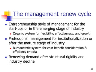 The management renew cycle
 Entrepreneurship style of management for the
start-ups or in the emerging stage of industry
 Organic system for flexibility, effectiveness, and growth
 Professional management for institutionalization or
after the mature stage of industry
 Bureaucratic system for cost-benefit consideration &
efficiency criteria
 Renewing demand after structural rigidity and
industry decline
66
 