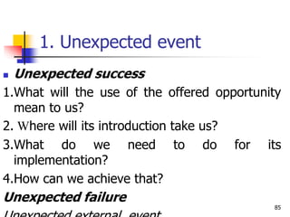 1. Unexpected event
 Unexpected success
1.What will the use of the offered opportunity
mean to us?
2. Where will its introduction take us?
3.What do we need to do for its
implementation?
4.How can we achieve that?
Unexpected failure
85
 