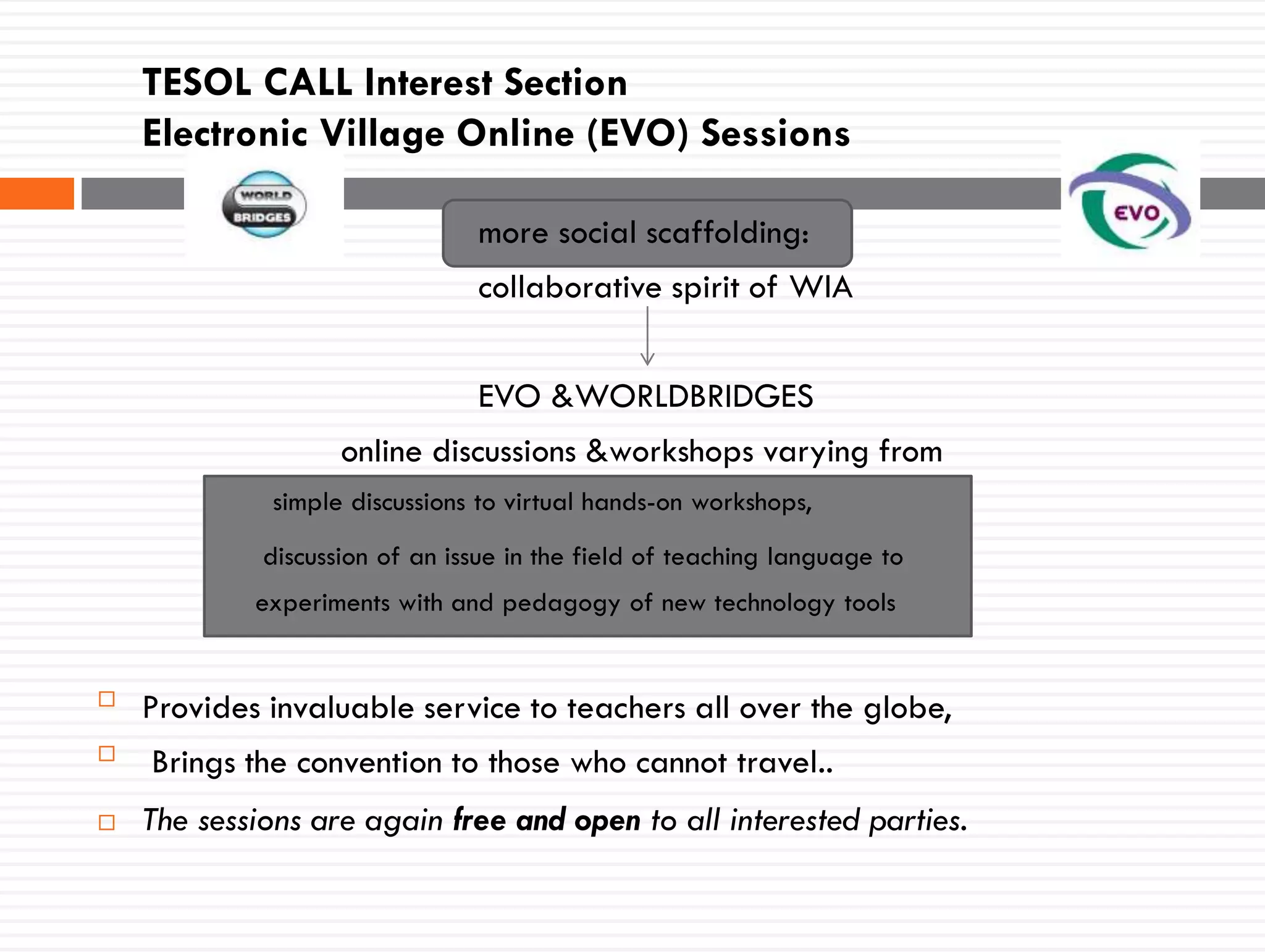 TESOL CALL Interest Section
Electronic Village Online (EVO) Sessions
more social scaffolding:
collaborative spirit of WIA
EVO &WORLDBRIDGES
online discussions &workshops varying from
simple discussions to virtual hands-on workshops,
discussion of an issue in the field of teaching language to
experiments with and pedagogy of new technology tools

Provides invaluable service to teachers all over the globe,

Brings the convention to those who cannot travel..
 The sessions are again free and open to all interested parties.
 