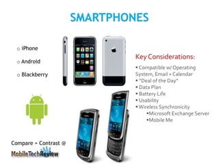 o iPhone
o Android
o Blackberry
Compare + Contrast @
Key Considerations:
 Compatible w/ Operating
System, Email + Calendar
 “Deal of the Day”
 Data Plan
 Battery Life
 Usability
Wireless Synchronicity
Microsoft Exchange Server
Mobile Me
 