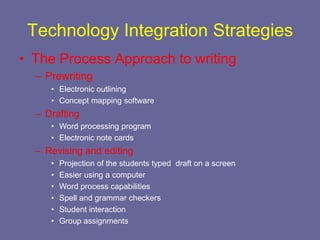 Technology Integration Strategies
• The Process Approach to writing
  – Prewriting
     • Electronic outlining
     • Concept mapping software
  – Drafting
     • Word processing program
     • Electronic note cards
  – Revising and editing
     •   Projection of the students typed draft on a screen
     •   Easier using a computer
     •   Word process capabilities
     •   Spell and grammar checkers
     •   Student interaction
     •   Group assignments
 