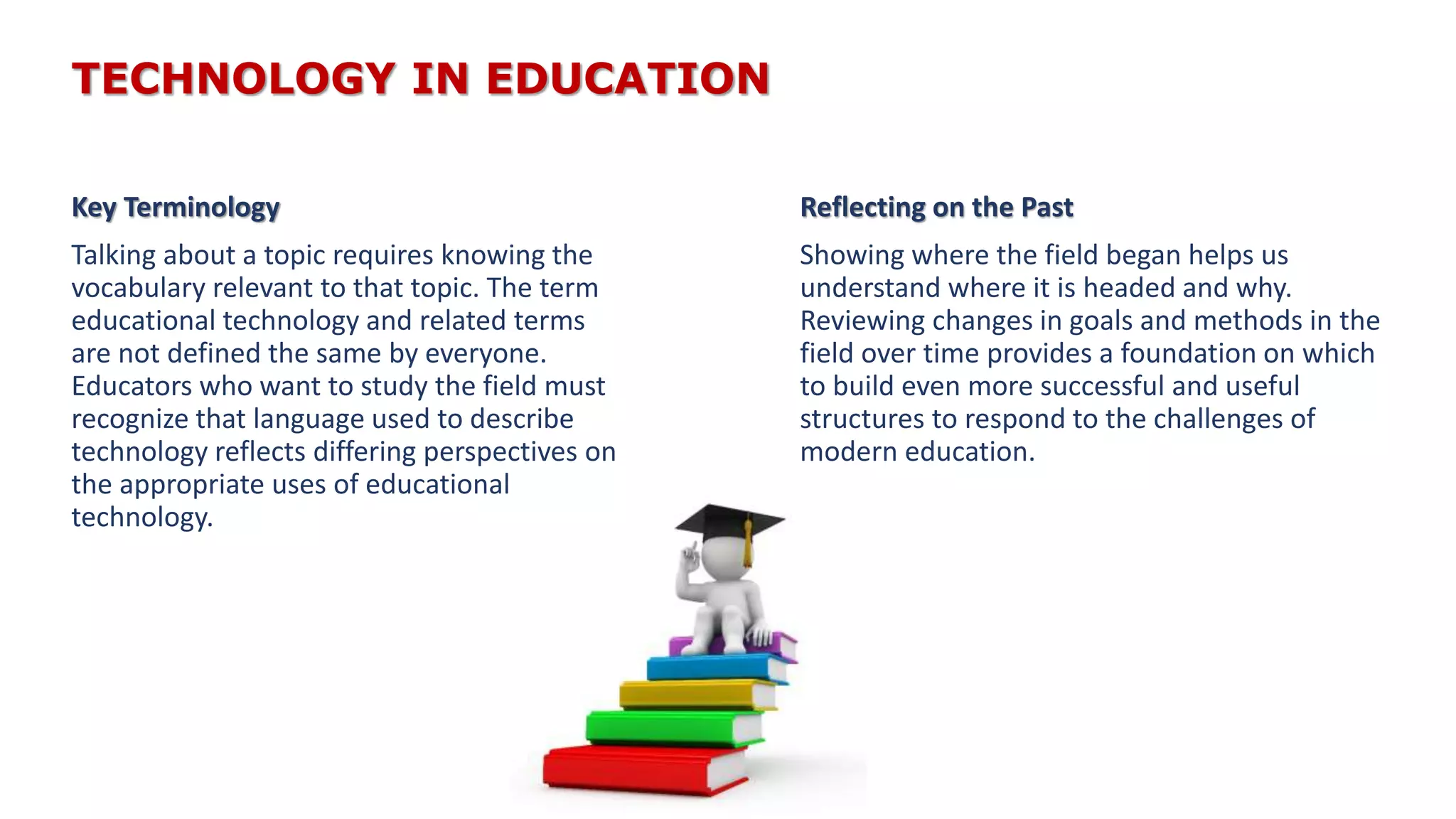 TECHNOLOGY IN EDUCATION
Key Terminology
Talking about a topic requires knowing the
vocabulary relevant to that topic. The term
educational technology and related terms
are not defined the same by everyone.
Educators who want to study the field must
recognize that language used to describe
technology reflects differing perspectives on
the appropriate uses of educational
technology.
Reflecting on the Past
Showing where the field began helps us
understand where it is headed and why.
Reviewing changes in goals and methods in the
field over time provides a foundation on which
to build even more successful and useful
structures to respond to the challenges of
modern education.
 