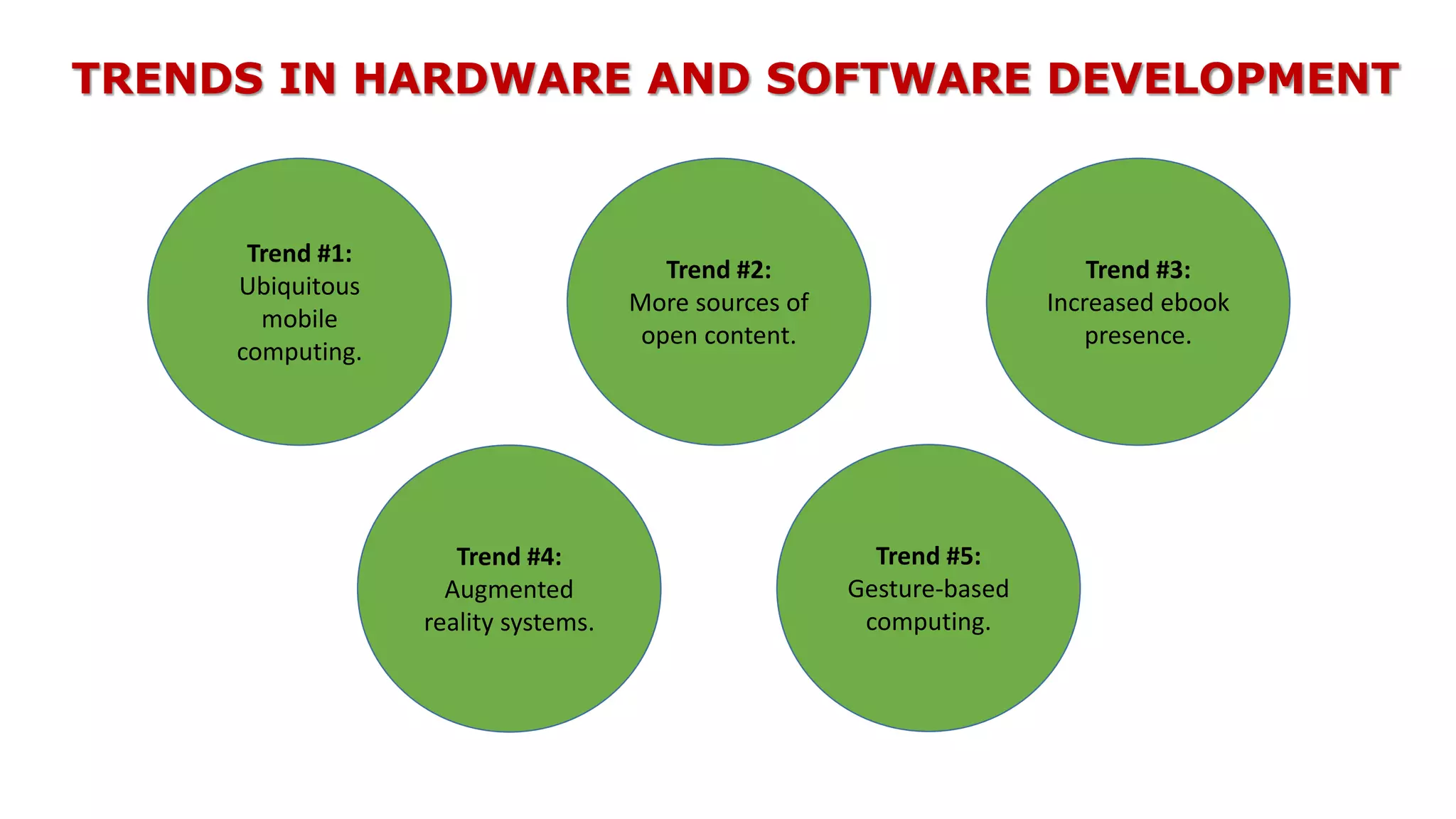 TRENDS IN HARDWARE AND SOFTWARE DEVELOPMENT
Trend #1:
Ubiquitous
mobile
computing.
Trend #2:
More sources of
open content.
Trend #3:
Increased ebook
presence.
Trend #4:
Augmented
reality systems.
Trend #5:
Gesture-based
computing.
 
