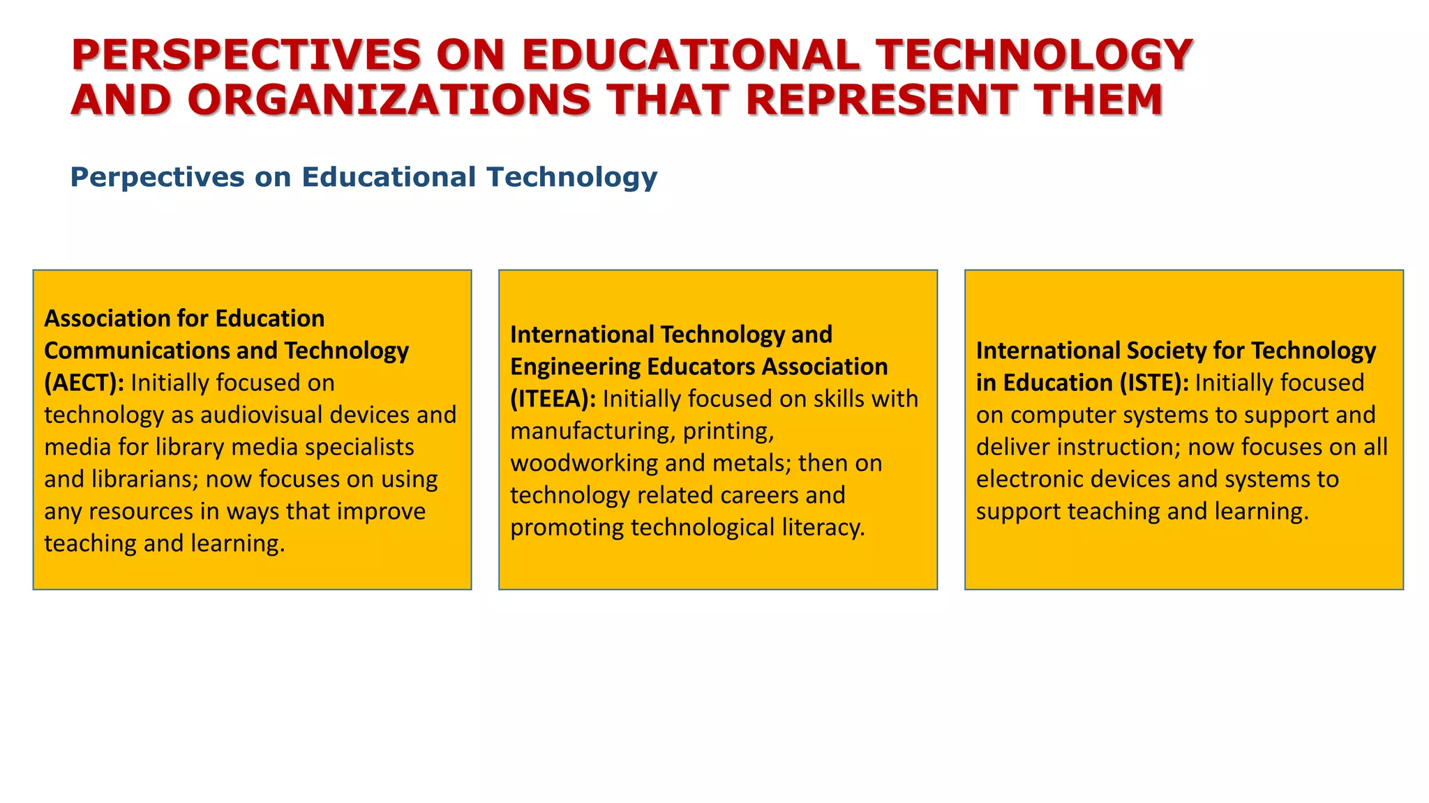 PERSPECTIVES ON EDUCATIONAL TECHNOLOGY
AND ORGANIZATIONS THAT REPRESENT THEM
Perpectives on Educational Technology
Association for Education
Communications and Technology
(AECT): Initially focused on
technology as audiovisual devices and
media for library media specialists
and librarians; now focuses on using
any resources in ways that improve
teaching and learning.
International Society for Technology
in Education (ISTE): Initially focused
on computer systems to support and
deliver instruction; now focuses on all
electronic devices and systems to
support teaching and learning.
International Technology and
Engineering Educators Association
(ITEEA): Initially focused on skills with
manufacturing, printing,
woodworking and metals; then on
technology related careers and
promoting technological literacy.
 