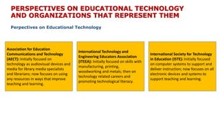 PERSPECTIVES ON EDUCATIONAL TECHNOLOGY
AND ORGANIZATIONS THAT REPRESENT THEM
Perpectives on Educational Technology
Association for Education
Communications and Technology
(AECT): Initially focused on
technology as audiovisual devices and
media for library media specialists
and librarians; now focuses on using
any resources in ways that improve
teaching and learning.
International Society for Technology
in Education (ISTE): Initially focused
on computer systems to support and
deliver instruction; now focuses on all
electronic devices and systems to
support teaching and learning.
International Technology and
Engineering Educators Association
(ITEEA): Initially focused on skills with
manufacturing, printing,
woodworking and metals; then on
technology related careers and
promoting technological literacy.
 