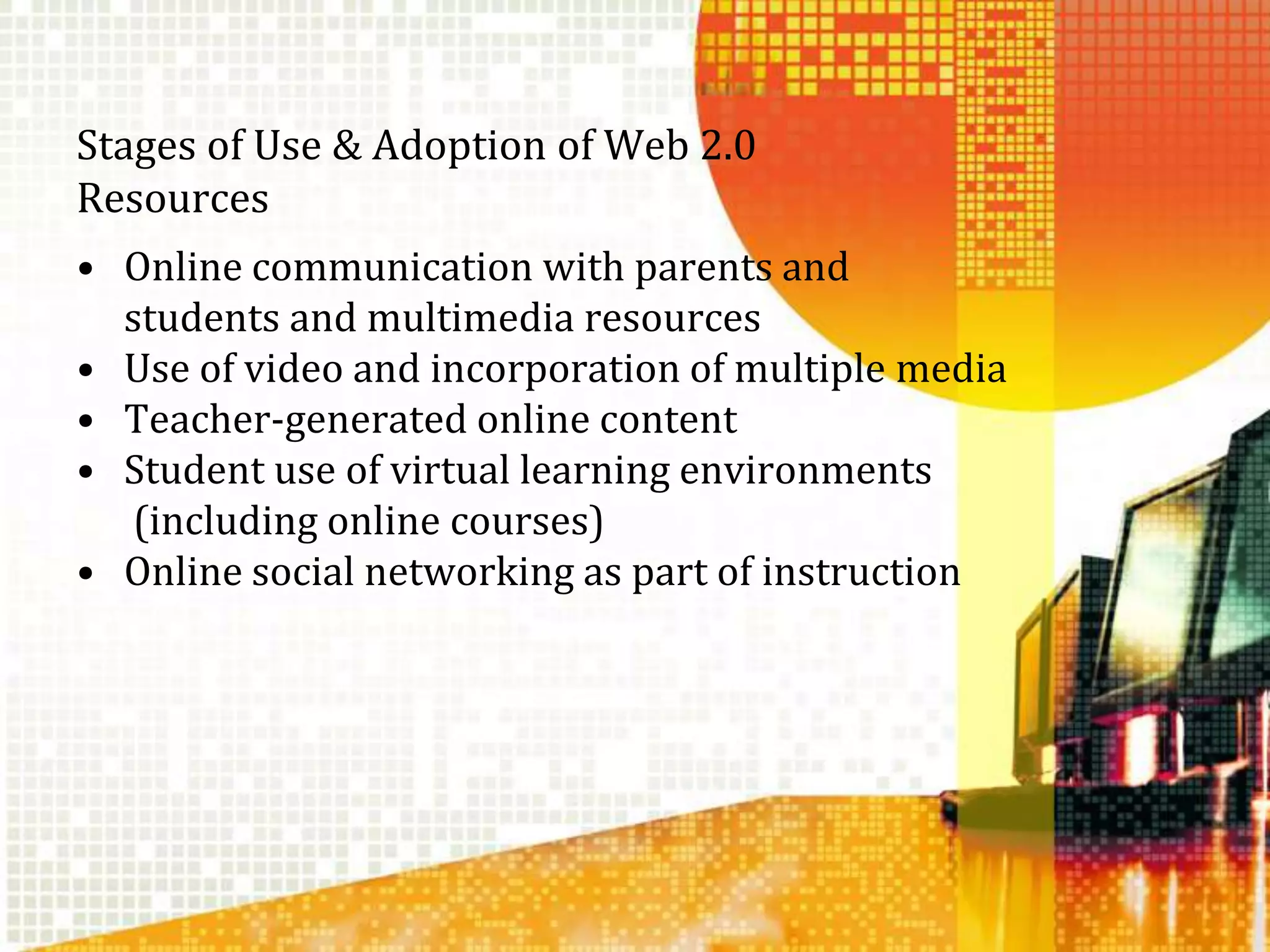 Stages of Use & Adoption of Web 2.0 ResourcesOnline communication with parents and students and multimedia resourcesUse of video and incorporation of multiple media Teacher-generated online contentStudent use of virtual learning environments(including online courses)Online social networking as part of instruction