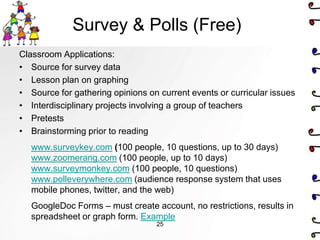 Survey & Polls (Free)
Classroom Applications:
• Source for survey data
• Lesson plan on graphing
• Source for gathering opinions on current events or curricular issues
• Interdisciplinary projects involving a group of teachers
• Pretests
• Brainstorming prior to reading
   www.surveykey.com (100 people, 10 questions, up to 30 days)
   www.zoomerang.com (100 people, up to 10 days)
   www.surveymonkey.com (100 people, 10 questions)
   www.polleverywhere.com (audience response system that uses
   mobile phones, twitter, and the web)
   GoogleDoc Forms – must create account, no restrictions, results in
   spreadsheet or graph form. Example
                                  25
 