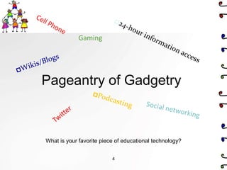 Gaming




Pageantry of Gadgetry



What is your favorite piece of educational technology?


                          4
 