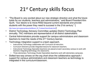 21 st  Century skills focus “ The Board is very excited about our new strategic direction and what the future holds for our students, teachers and administrators,” said Board President Kim Quirk. “Our desire is to move RISD beyond current standards and provide students with the power they need to succeed in the 21st century.”  ( http://www.risd.org/group/aboutrisd/Board_Of_Trustees/VisionGoals.html ) District Technology Advisory Committee updates District Technology Plan annually. TAC members are representative of all district stakeholders. Central Administrators provide support for campus administrators and classroom teachers to meet the needs of the 21 st  Century learner . Technology integration support is a team approach. Instructional Technology collaborates with Curriculum & Instruction. Curriculum Directors provide integrated lessons for classroom teachers. Instructional Technology Specialist (teachers) are placed at each secondary campus to work with teachers integrating technology into classrooms. Three elementary Technology Cluster Specialists (teachers) work with elementary campuses. Dotted two-way arrows on the org chart show the collaborative approach / support for campus administrators and classroom teachers as technology is integrated in the curriculum/classroom. 