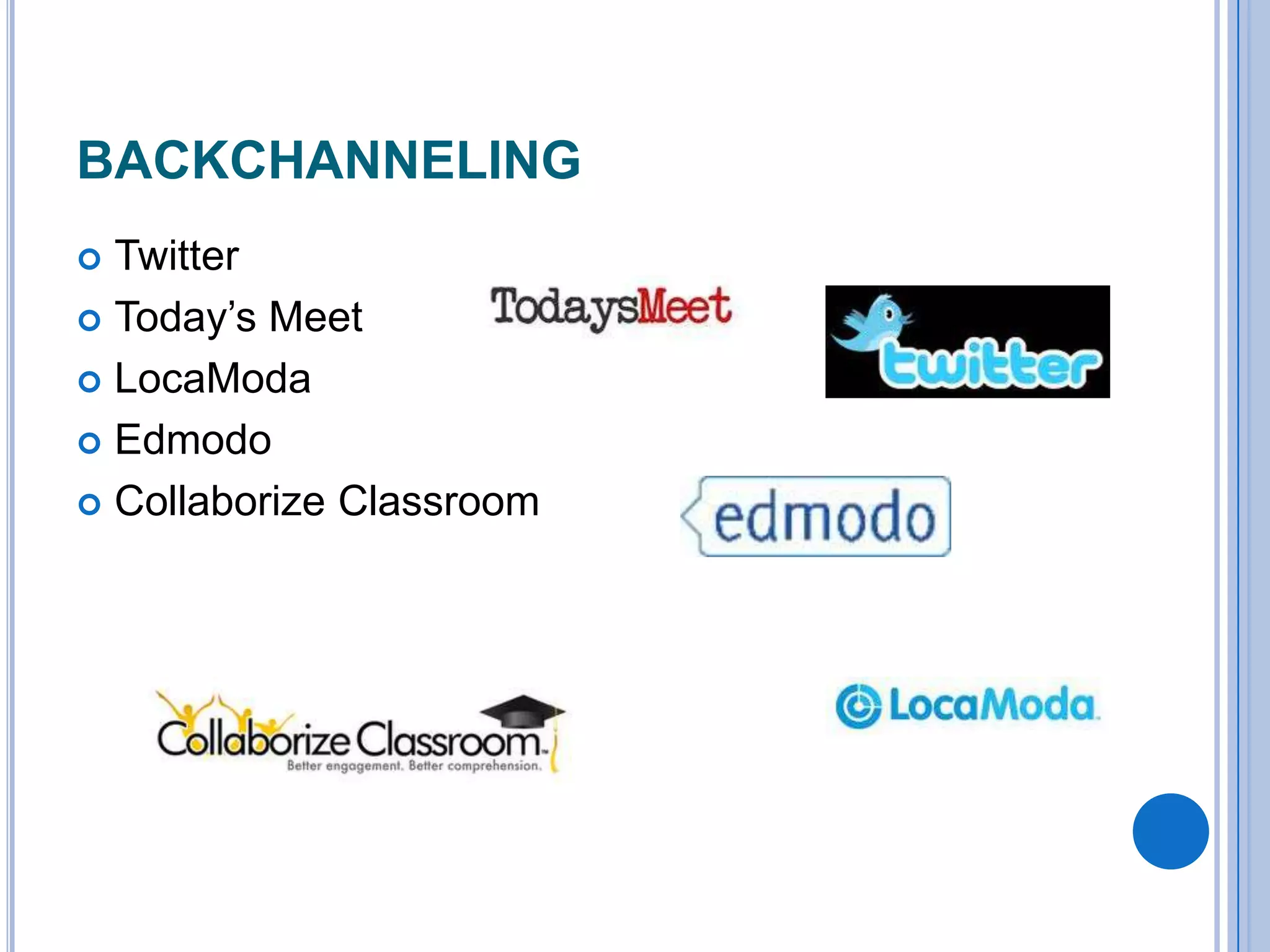 BACKCHANNELING
Twitter
 Today’s Meet
 LocaModa
 Edmodo
 Collaborize Classroom


 