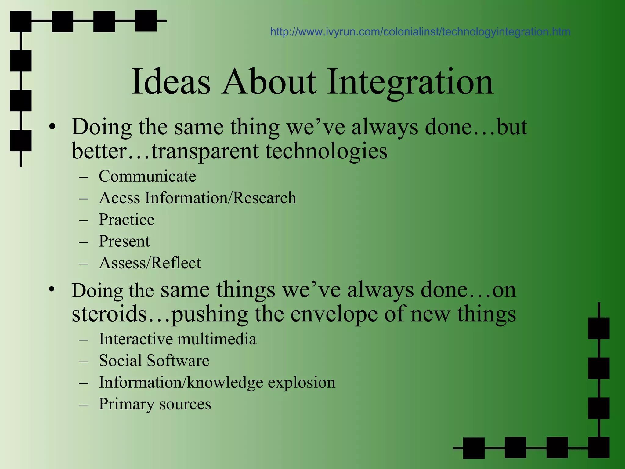 Ideas About Integration Doing the same thing we’ve always done…but better…transparent technologies Communicate Acess Information/Research Practice Present Assess/Reflect Doing the  same things we’ve always done…on steroids…pushing the envelope of new things Interactive multimedia Social Software Information/knowledge explosion Primary sources http://www.ivyrun.com/colonialinst/technologyintegration.htm 