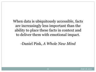 June 16, 201111When data is ubiquitously accessible, factsare increasingly less important than theability to place these facts in context andto deliver them with emotional impact.-Daniel Pink, A Whole New Mind