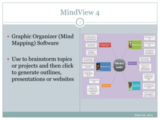 MindView 4June 16, 20117Graphic Organizer (Mind Mapping) SoftwareUse to brainstorm topics or projects and then click to generate outlines, presentations or websites
