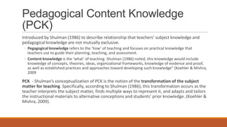 Pedagogical Content Knowledge
(PCK)
Introduced by Shulman (1986) to describe relationship that teachers’ subject knowledge...