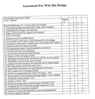 Assessment For Web Site Design
Web desien Assessment G"tdg
Level I (Static)
excellent
1. Consistent Bac *om tint to link, color or
2. ConsisGnt Font lJsage, size and
are Powerful EYe A l, not cluttered
4. Easy to Navigate
icenetous areas of unfilied
e
: outside space and borders
& Contin"itv from one page to aqglhg
imases. sliced/ not oversized
10. Color choices are
t t. en oUvious color theme wlth harmon
of the web page is clear
foiinteraction with the user
is easv to read, easY to follorv
il
17.Web desien zuides the user's e
i& HvD
ue is the web Page design?
of the web Page? Y4l
M"r-based or scree4 !3!e4j{eb isn? Tall or Wide?
n. Overtoad of Informutiq"?-ffl
2:. ts there a table? YA{
toFroressionilry d"tigqg4 rI,*utgr?
28. Overall ratingfor design?
 