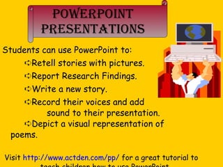 PowerPoint Presentations Students can use PowerPoint to:  Retell stories with pictures.  Report Research Findings.  Write a new story.  Record their voices and add  sound to their presentation.  Depict a visual representation of  poems. Visit  http://www.actden.com/pp/  for a great tutorial to teach children how to use PowerPoint. 