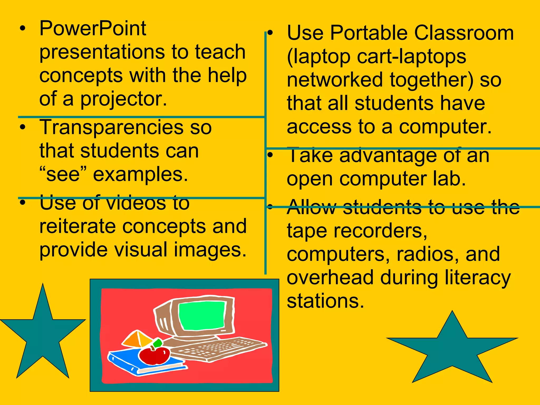PowerPoint presentations to teach concepts with the help of a projector. Transparencies so that students can “see” examples. Use of videos to reiterate concepts and provide visual images. Use Portable Classroom (laptop cart-laptops networked together) so that all students have access to a computer.  Take advantage of an open computer lab. Allow students to use the tape recorders, computers, radios, and overhead during literacy stations.  