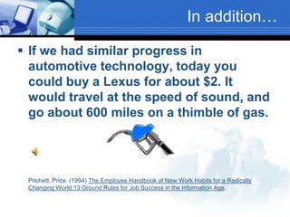 In addition…If we had similar progress in automotive technology, today you could buy a Lexus for about $2. It would travel at the speed of sound, and go about 600 miles on a thimble of gas.	Prichett, Price. (1994) The Employee Handbook of New Work Habits for a Radically Changing World:13 Ground Rules for Job Success in the Information Age.