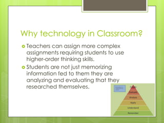 Why technology in Classroom?Teachers can assign more complex assignments requiring students to use higher-order thinking skills. Students are not just memorizing information fed to them they are analyzing and evaluating that they researched themselves. 