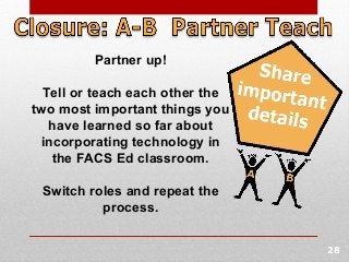 Partner up!

  Tell or teach each other the
two most important things you
   have learned so far about
 incorporating technology in
   the FACS Ed classroom.

 Switch roles and repeat the
          process.


                                 28
 