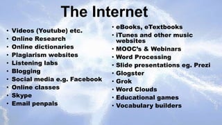The Internet
•
•
•
•
•
•
•
•
•
•

Videos (Youtube) etc.
Online Research
Online dictionaries
Plagiarism websites
Listening labs
Blogging
Social media e.g. Facebook
Online classes
Skype
Email penpals

• eBooks, eTextbooks
• iTunes and other music
websites
• MOOC’s & Webinars
• Word Processing
• Slide presentations eg. Prezi
• Glogster
• Grok
• Word Clouds
• Educational games
• Vocabulary builders

 