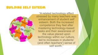 Building self esteem
“A related technology effect
stressed by many teachers was
enhancement of student self
esteem. Both the increased
competence they feel after
mastering technology-based
tasks and their awareness of
the value placed upon
technology within our culture,
led to increases in students'
(and often teachers') sense of
self worth.”
 