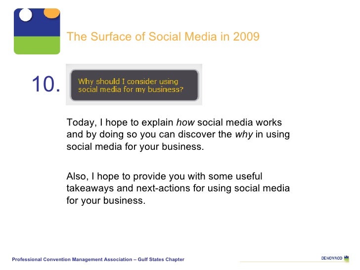 10. The Surface of Social Media in 2009 Professional Convention Management Association – Gulf States Chapter Today, I hope...