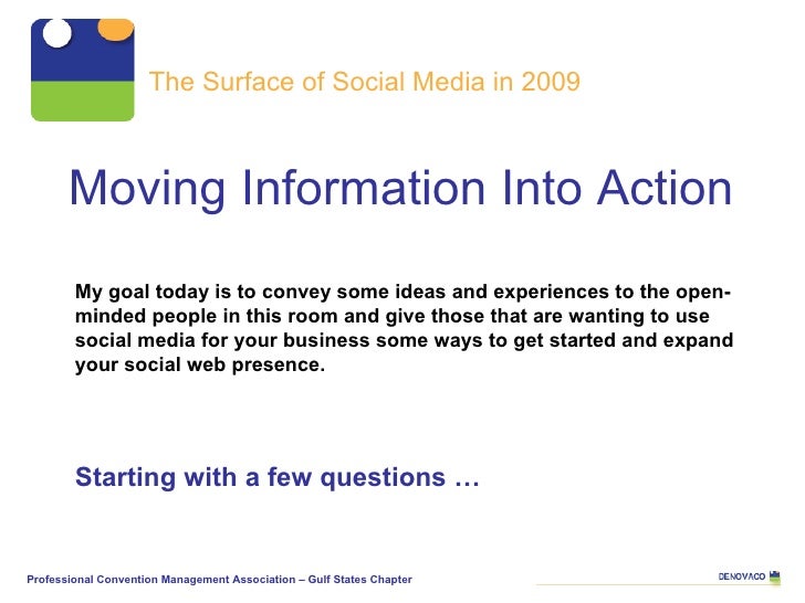 Moving Information Into Action The Surface of Social Media in 2009 Professional Convention Management Association – Gulf S...