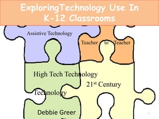 ExploringTechnology Use In K-12 Classrooms Assistive Technology Teacher     to    Teacher High Tech Technology       			   21st Century Technology 1 Debbie Greer 